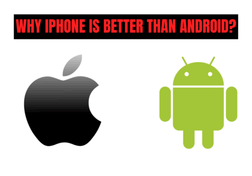 Apple and Android logos side by side under a bold heading that reads "Why iPhone is better than Android?" in red text.