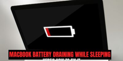 A MacBook screen shows a nearly empty battery icon, highlighting the issue of MacBook battery draining while sleeping.