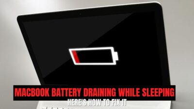 A MacBook screen shows a nearly empty battery icon, highlighting the issue of MacBook battery draining while sleeping.