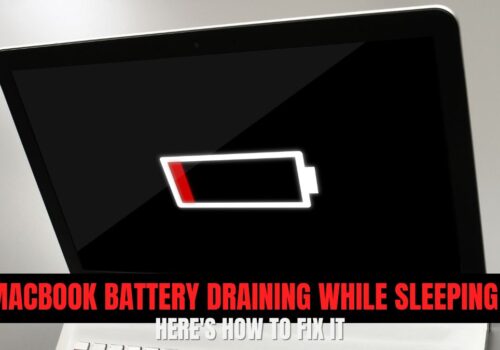 A MacBook screen shows a nearly empty battery icon, highlighting the issue of MacBook battery draining while sleeping.