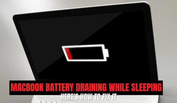 A MacBook screen shows a nearly empty battery icon, highlighting the issue of MacBook battery draining while sleeping.