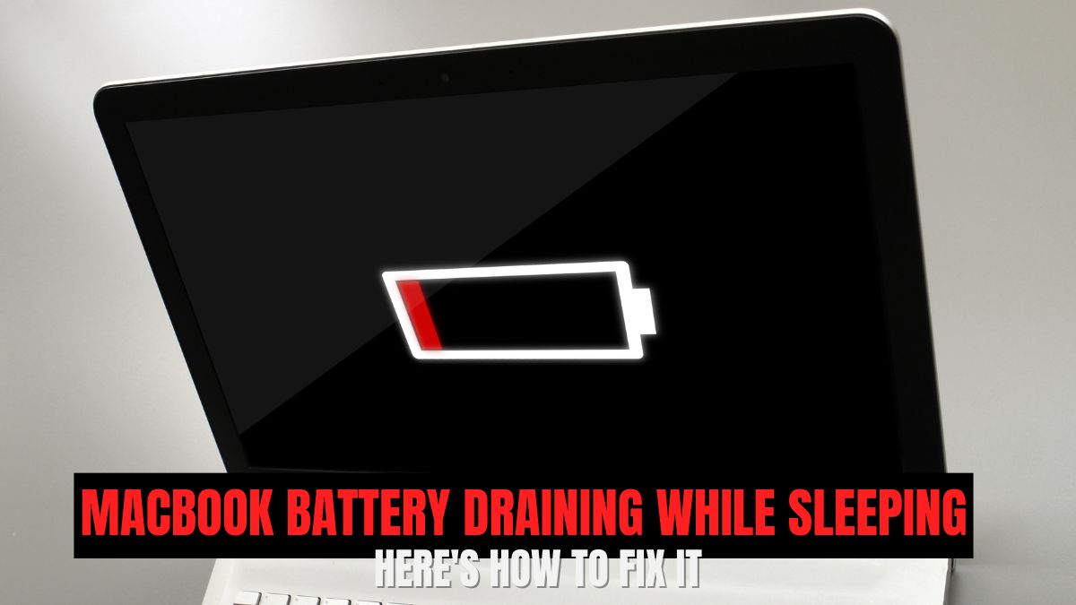 A MacBook screen shows a nearly empty battery icon, highlighting the issue of MacBook battery draining while sleeping.