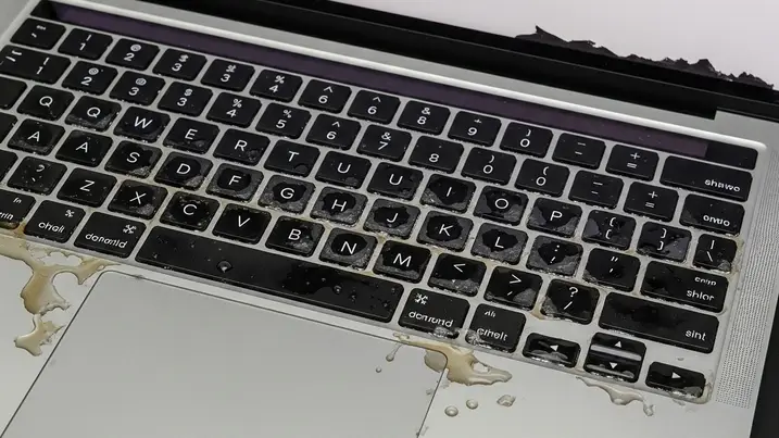 A MacBook Pro A2442 with visible liquid damage on the keyboard, showing coffee spills and corrosion during repair diagnostics.
