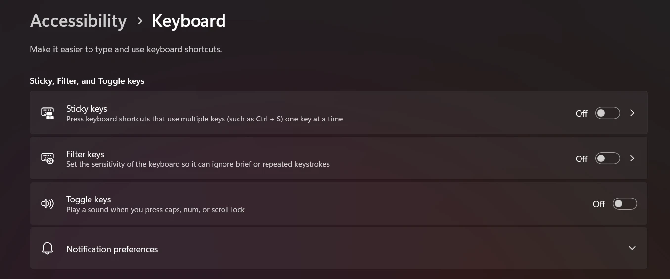 How To Fix Microsoft Surface Keyboard That Isn't Working? 6 Windows 11 accessibility keyboard settings screen showing Sticky, Filter, and Toggle keys options, illustrating the “Check Accessibility Settings” step.