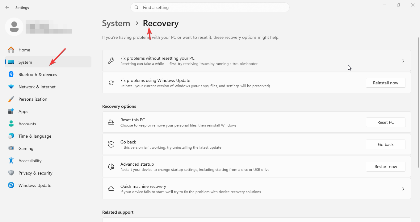 Windows 11 Settings window opened to the Recovery section under System, showing factory reset options for Microsoft Surface.