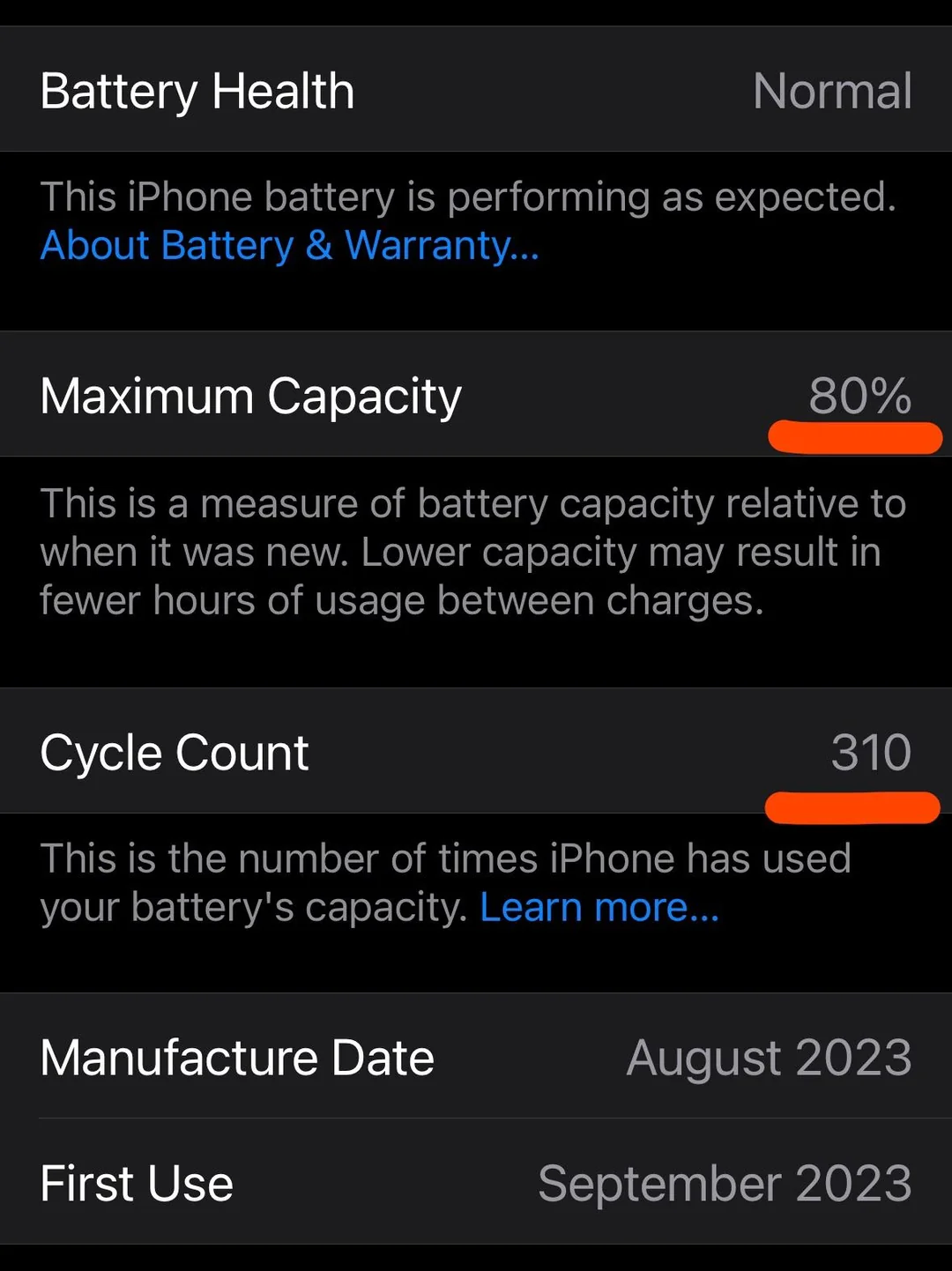 Screenshot of iPhone battery health settings showing maximum capacity at 80% and cycle count of 310, indicating need for battery replacement.