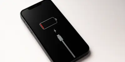 An iPhone lying on a flat surface showing a nearly empty battery icon with a charging cable symbol, illustrating the need to replace an iPhone battery.
