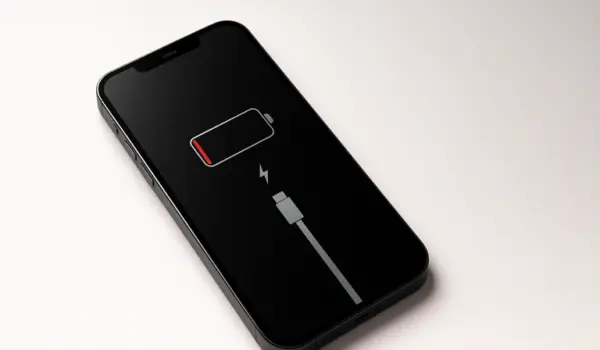 An iPhone lying on a flat surface showing a nearly empty battery icon with a charging cable symbol, illustrating the need to replace an iPhone battery.