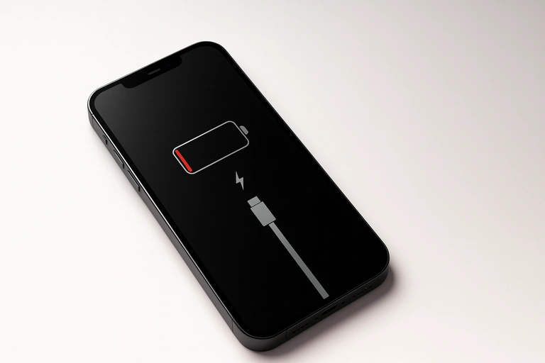 An iPhone lying on a flat surface showing a nearly empty battery icon with a charging cable symbol, illustrating the need to replace an iPhone battery.
