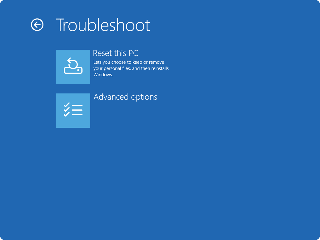Windows troubleshooting screen with options to reset the PC or access advanced options, used for factory resetting from sign-in screen.