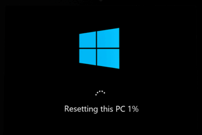 Windows reset screen showing progress at 1% with a message stating “Resetting this PC” on a Microsoft Surface device.