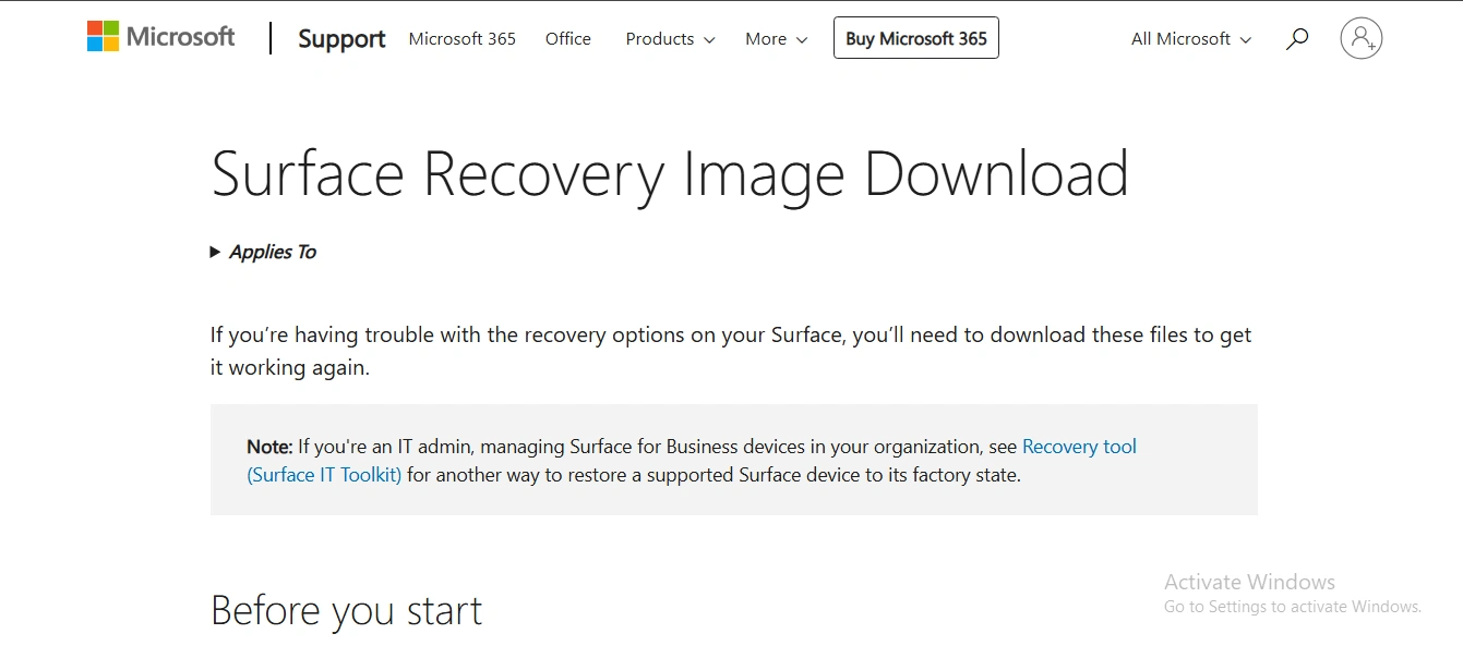 Microsoft Surface Recovery Image Download page guiding users to create a USB recovery drive for restoring a Surface device.