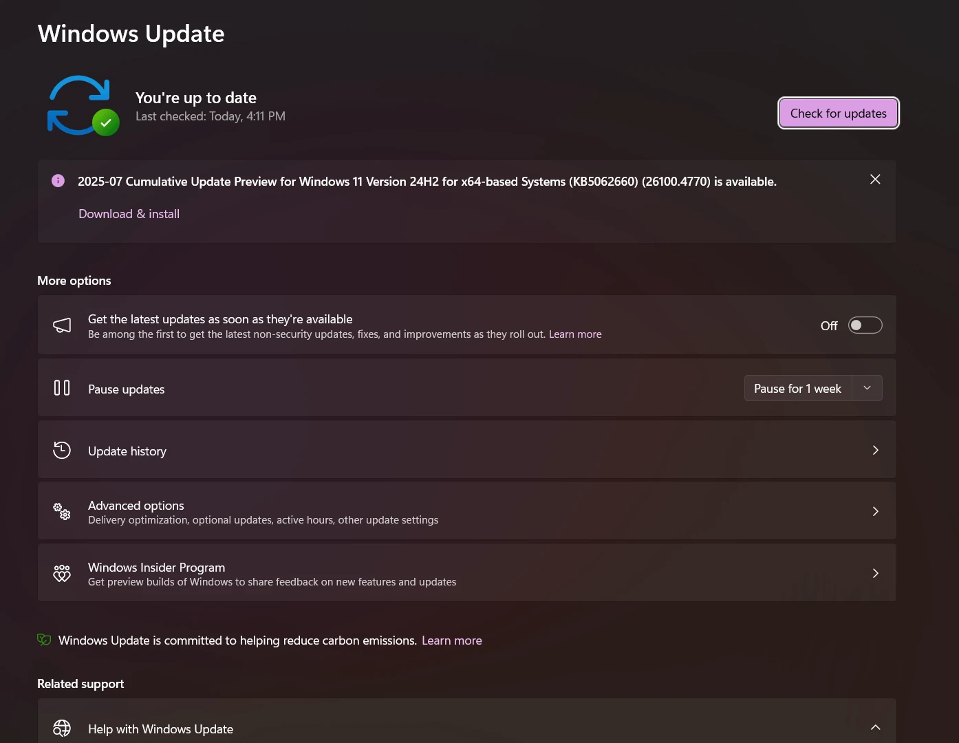 How To Fix Microsoft Surface Keyboard That Isn't Working? 4 Windows 11 update settings screen showing an available cumulative update, illustrating the “Update Your Drivers” step for fixing Surface keyboard issues.