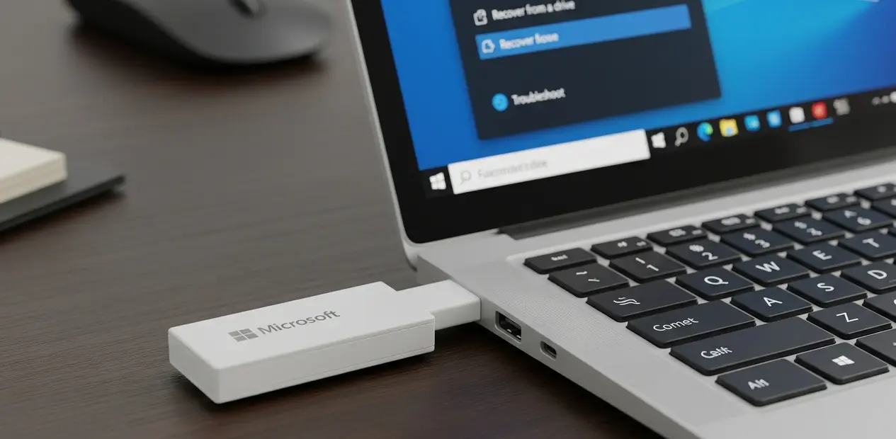 A Microsoft Surface device with a USB recovery drive plugged in, displaying recovery options on screen including “Recover from a drive.”