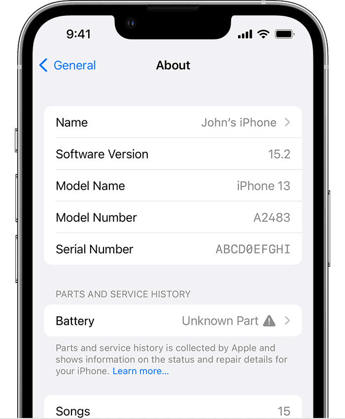 EN ios15 iphone13 pro settings general about parts battery unknown part